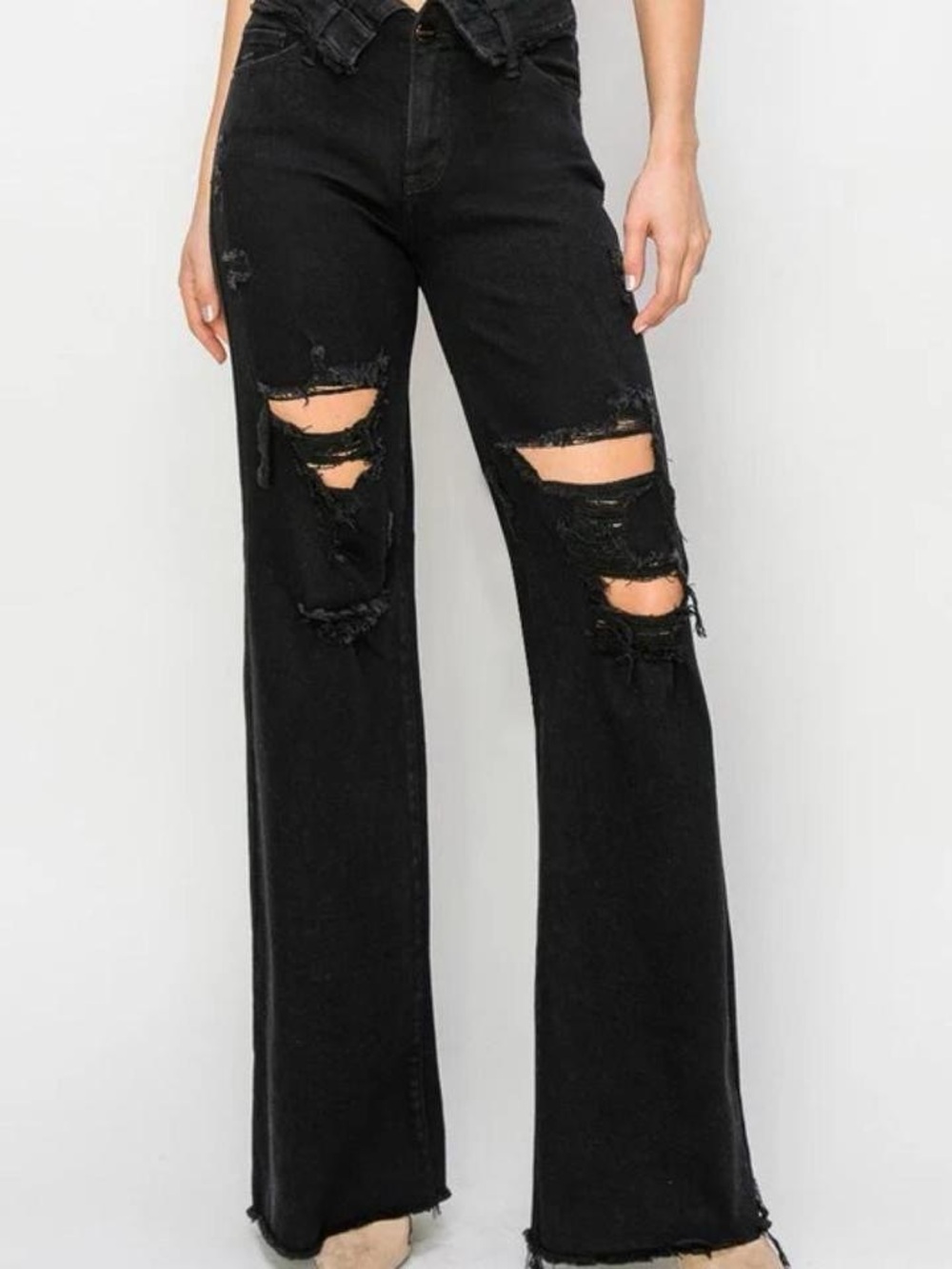 High-Rise Black Distressed Wide-Leg Jeans
